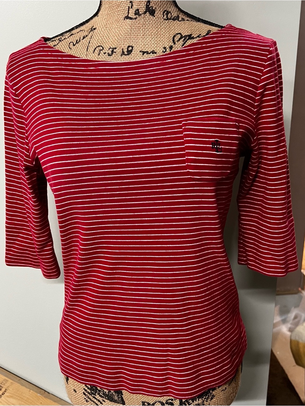 Ralph Lauren Red and White Striped Boatneck Long Sleeve Top